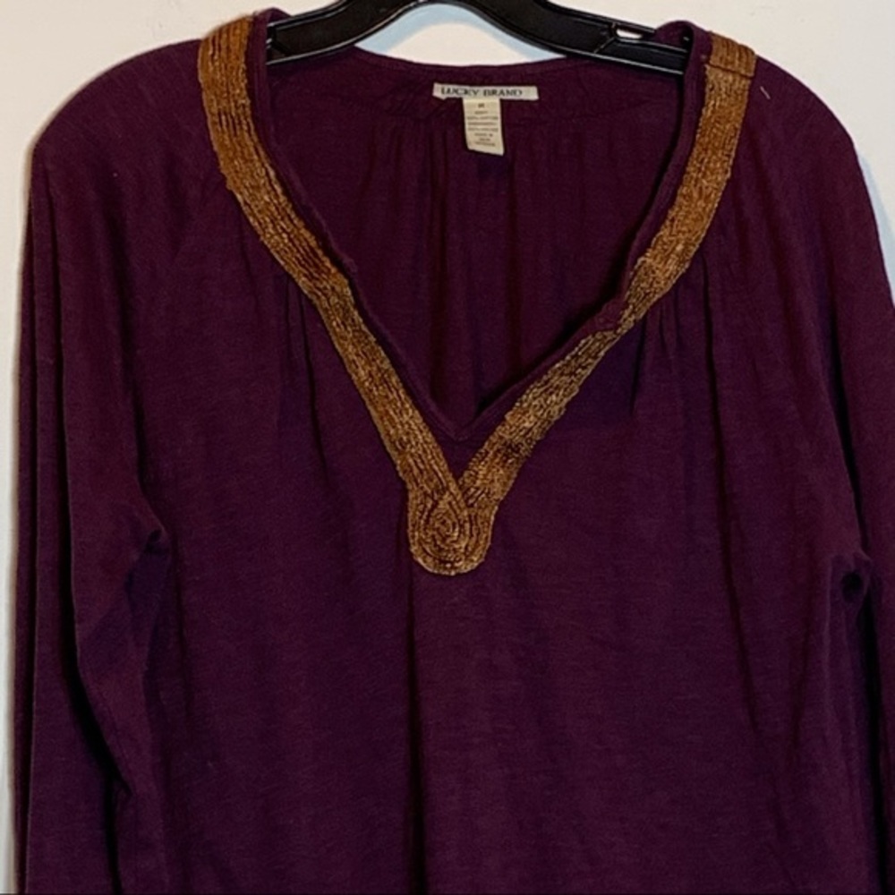 EUC Lucky Brand Burgundy with Golden Crochet Neckline Trim Long Sleeve Blouse